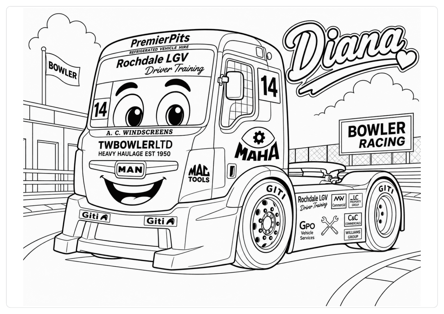 Printable Diana number 14 truck colouring competition artwork